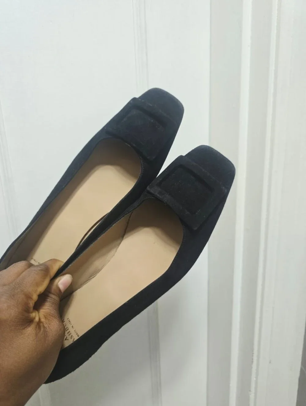 ANN MASHBURN Buckle Heel Black Suede size 38 US 9.5 small heel flats
